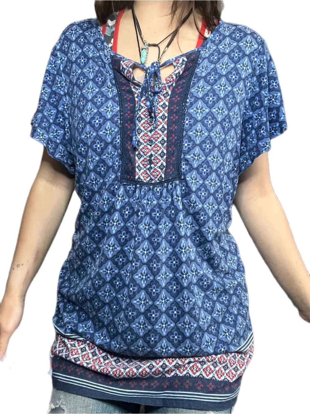 Y2K Dalia Boho Embroidered Tie Front Tunic Size XL length 30”